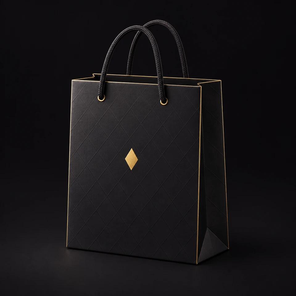 Schwarze Shoppingbag mit Rautenprägung, feinen Goldkanten und goldener Raute.
