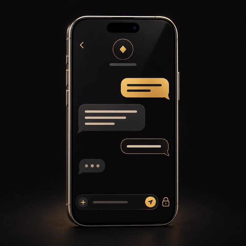 Ein dunkles Smartphone mit einer Unterhaltung in schwarzen und goldenen Chatblasen.