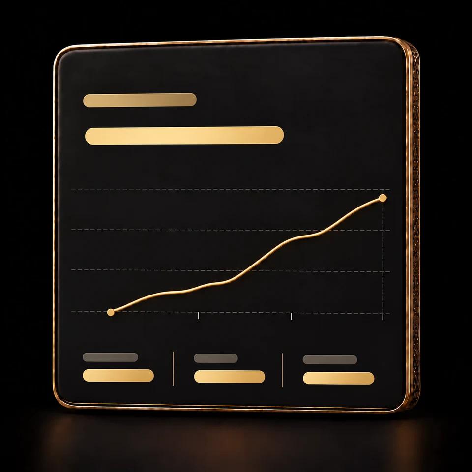 Dunkle Statistikansicht mit goldener Kurve und abstrakten Balken ohne Beträge.