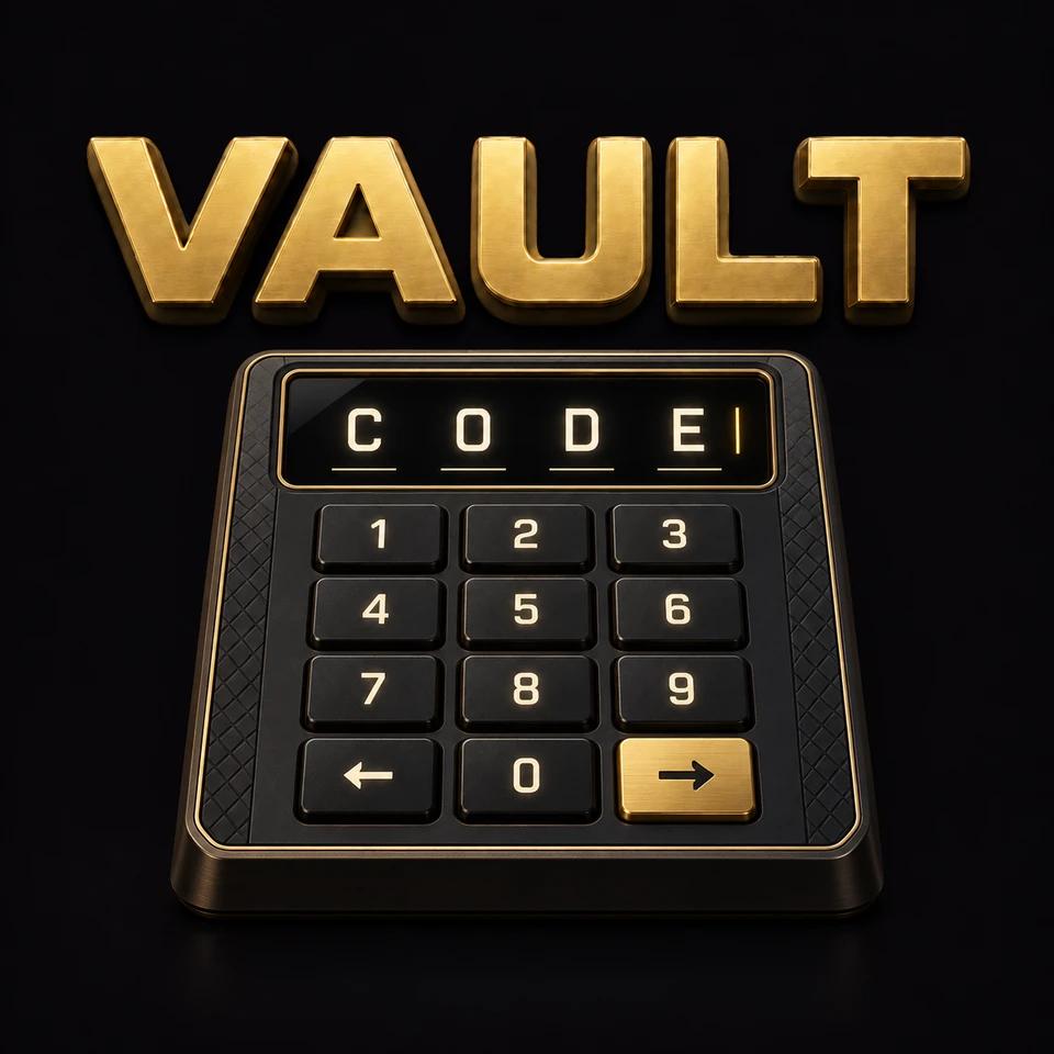 Goldener VAULT-Schriftzug über einem schwarzen PIN-Terminal mit CODE-Anzeige.